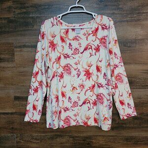 Chico's Top Women L Floral Long Sleeve Soft Stretch Knit Pink White Boho Comfort